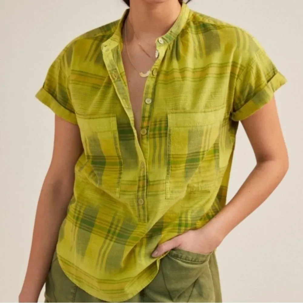 Anthropologie Pilcro The Hannah Green Plaid Surf Shirt Beach Boho Size M